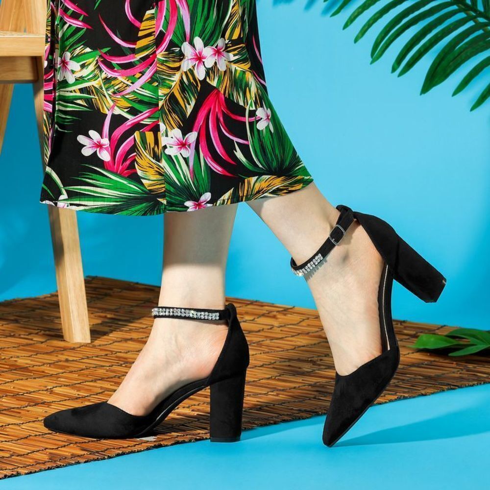 Pointed Toe Rhinestone Ankle Strap Black Chunky Heels Pumps - Picture 2 of 6